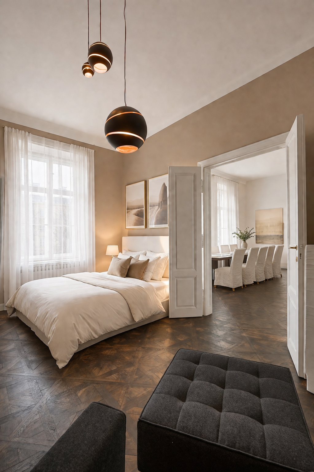 Second bedroom with abstract gold artwork and dark headboard