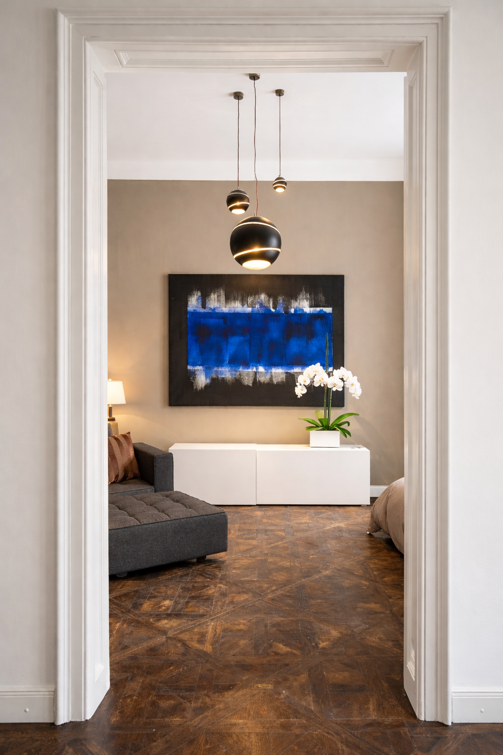 Bedroom outlook with built-in shelving
