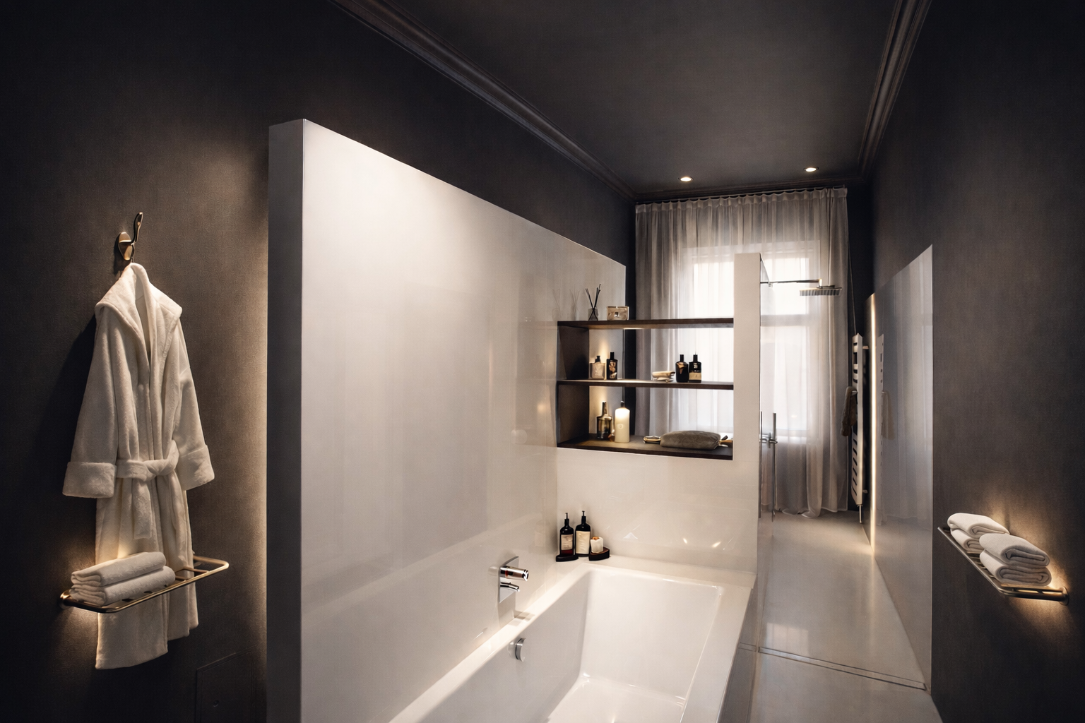 Dark-walled bathroom with deep white bath, robe and towels